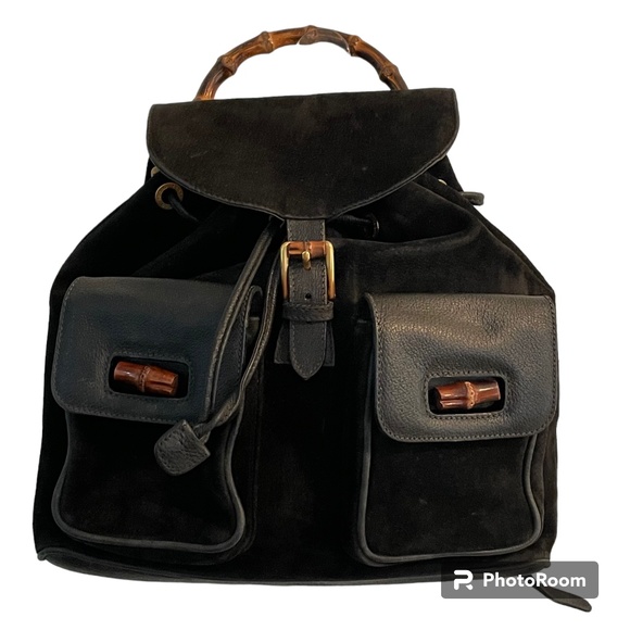 Gucci Black Leather Suede Bamboo Backpack Bag